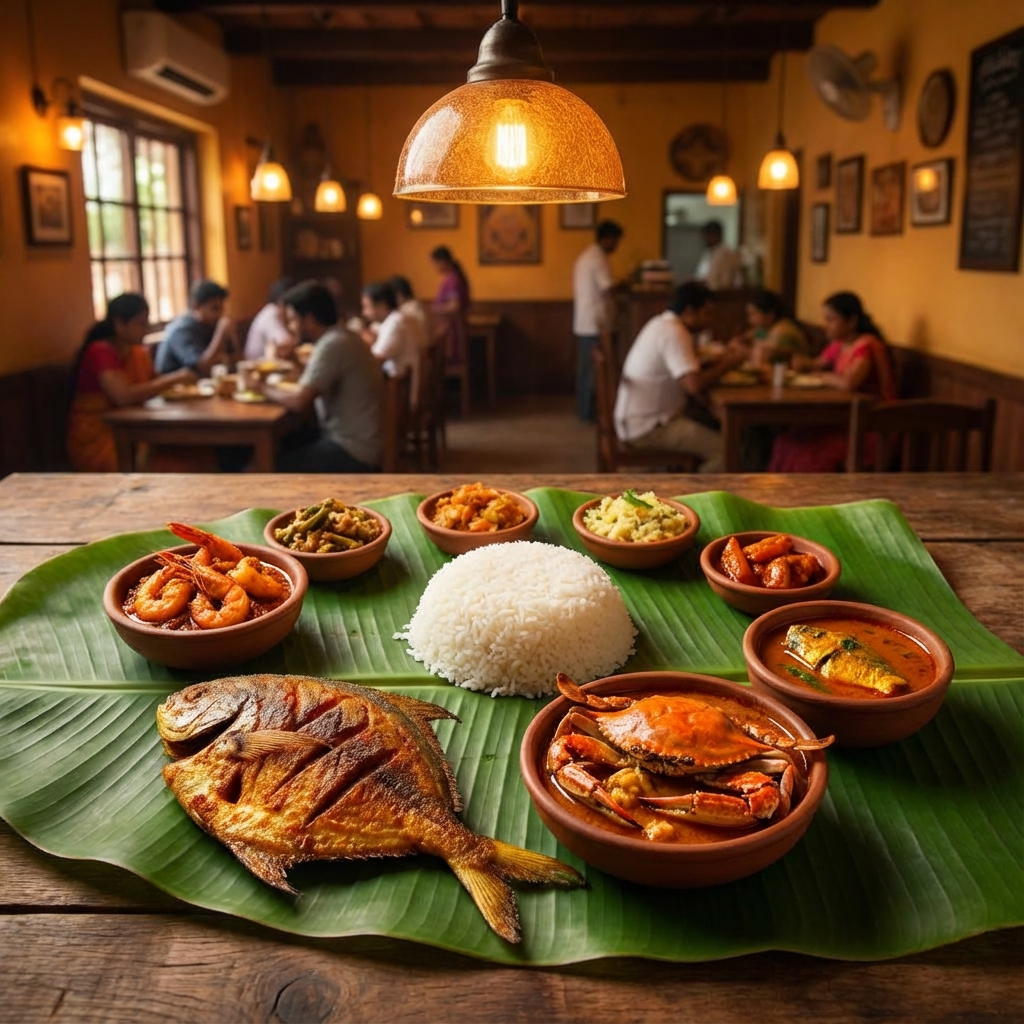 Fresh seafood platter and south indian thali served in Murudeshwar restaurants