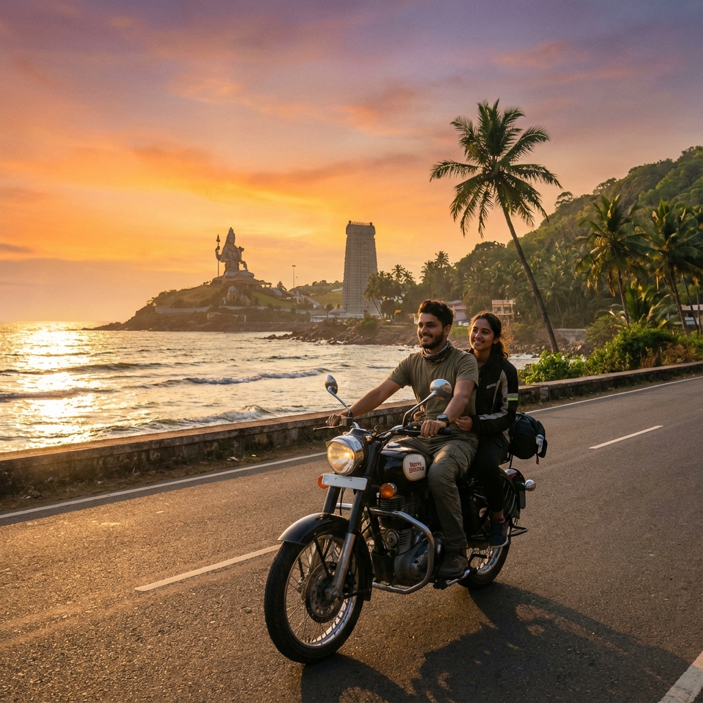 Rental bike on scenic coastal road near Murudeshwar beach with temple in background