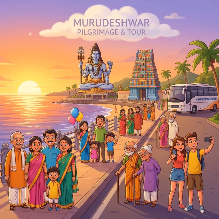 Large group of pilgrims visiting Murudeshwar temple with Shiva statue in background