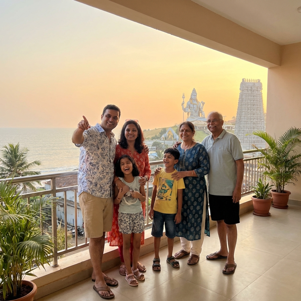 Happy family enjoying their vacation at a family-friendly hotel in Murudeshwar with temple view
