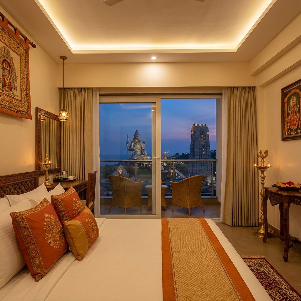 Hotel room with view of Murudeshwar Temple and Shiva statue at sunset