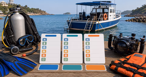 Scuba gear and package comparison cards beside Murudeshwar dive boat