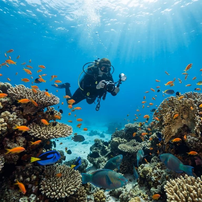 Scuba diver exploring coral reefs at Netrani Island near Murudeshwar