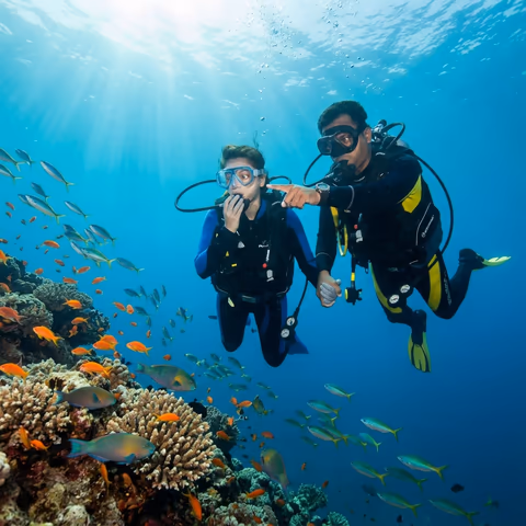 Non-swimmer enjoying scuba diving with instructor at Netrani Island Murudeshwar