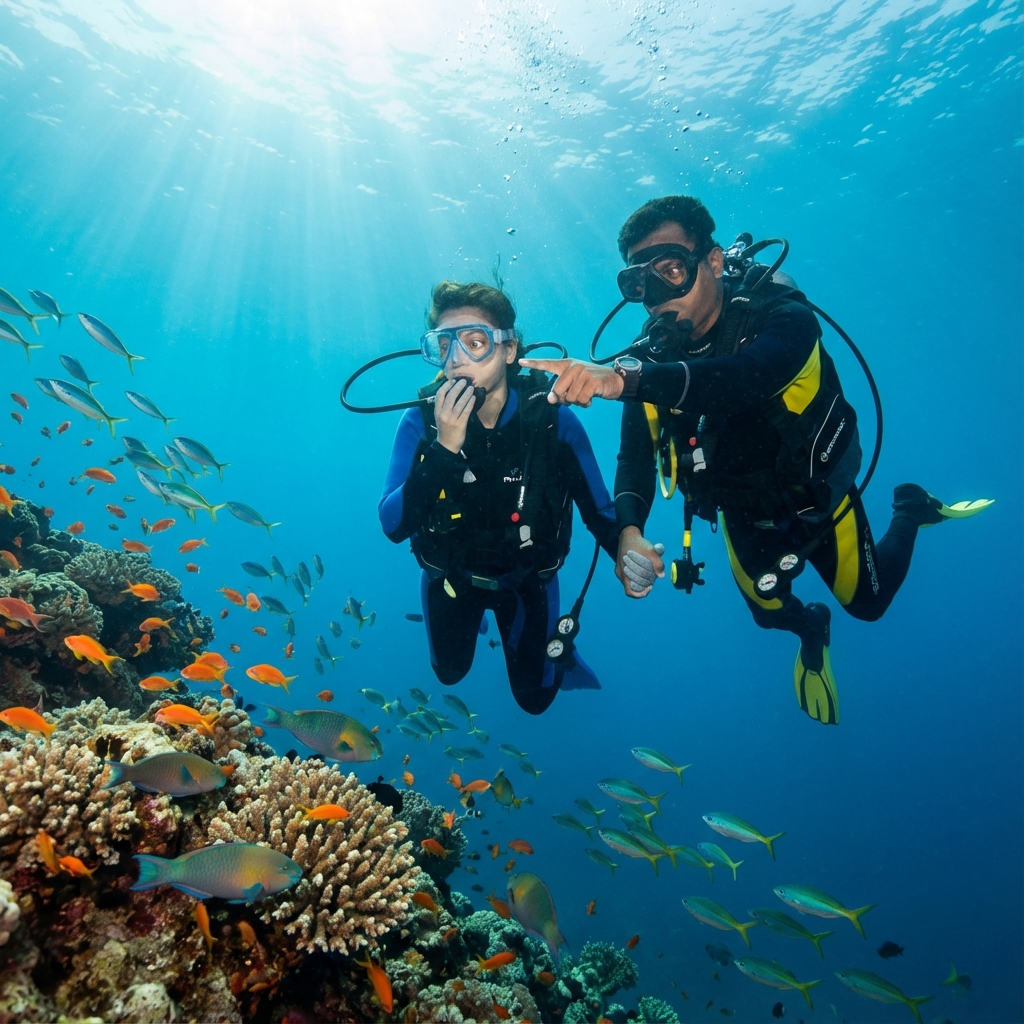 Non-swimmer enjoying scuba diving with instructor at Netrani Island Murudeshwar