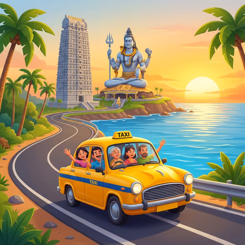 Taxi driving on coastal road near Murudeshwar temple with Shiva statue in background