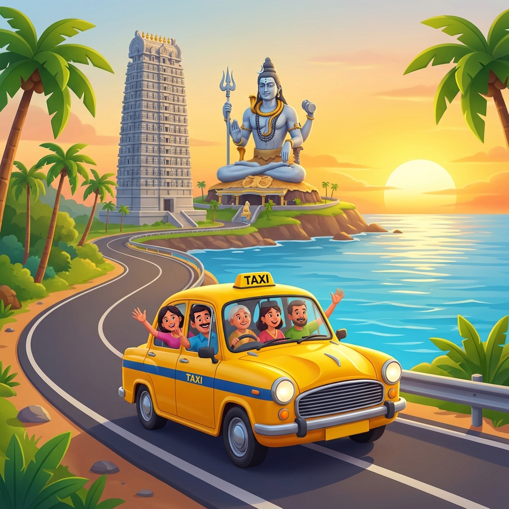 Taxi driving on coastal road near Murudeshwar temple with Shiva statue in background