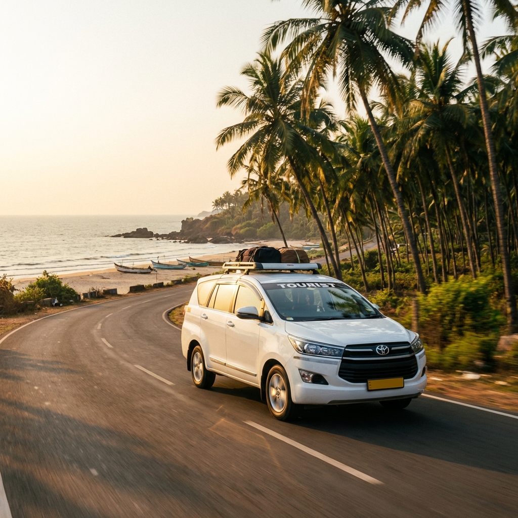 Taxi driving on scenic coastal highway in Murudeshwar
