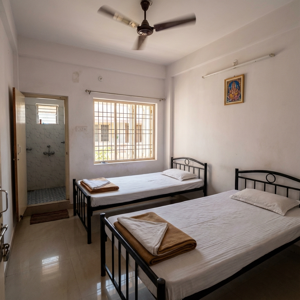 Budget hotel room in Murudeshwar with basic amenities