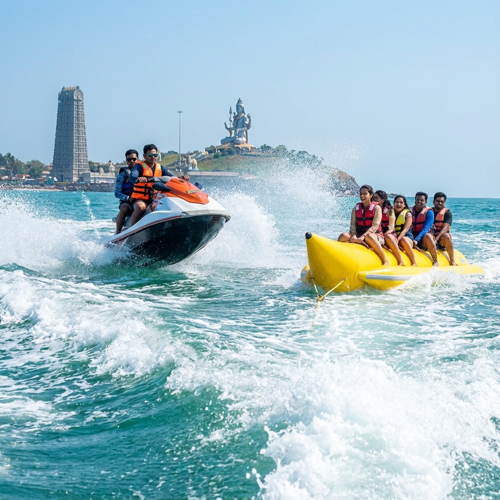 Tourists enjoying jet ski and banana boat ride at Murudeshwar beach with temple in background
