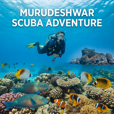 Scuba diver at Netrani Island with hotel in background at Murudeshwar