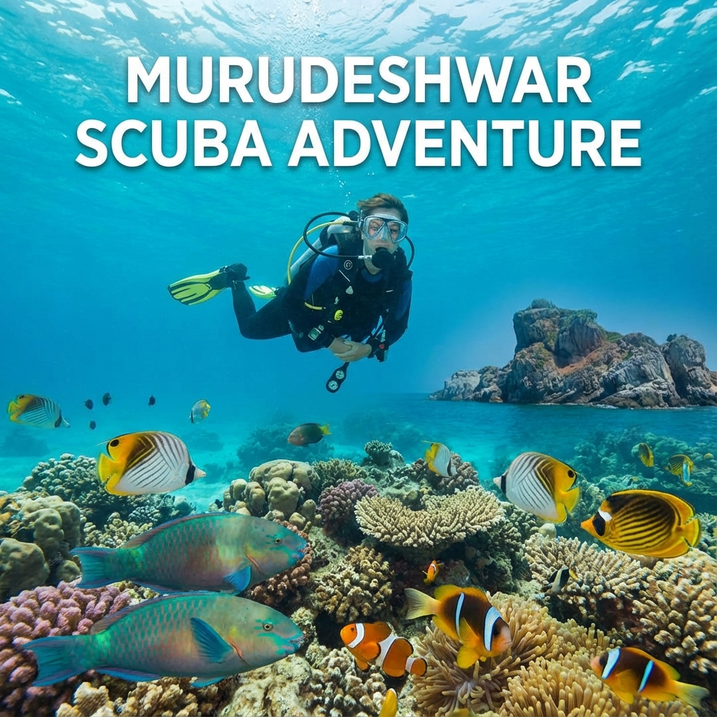 Scuba diver at Netrani Island with hotel in background at Murudeshwar