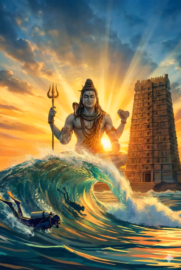 Scenic panoramic view of Murudeshwar coastline and Shiva statue